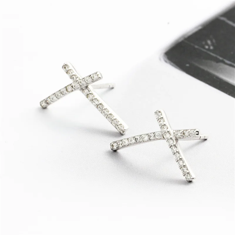 cross full zircon earring 100% 925 Sterling silver Jewelry fashion Hypoallergenic Stud earrings for women gift