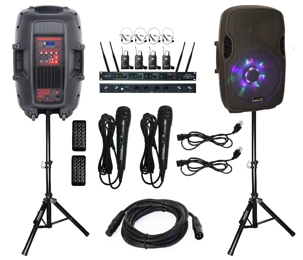 15inch 2500W FM LED RGB Light Stage Speaker with 4ch uhf microphone