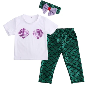

Summer 3 pcs Baby Girls Shell T-shirt Top+Mermaid Leggings+Head Band Outfits Clothes Babies Girl Cartoon costume clothing