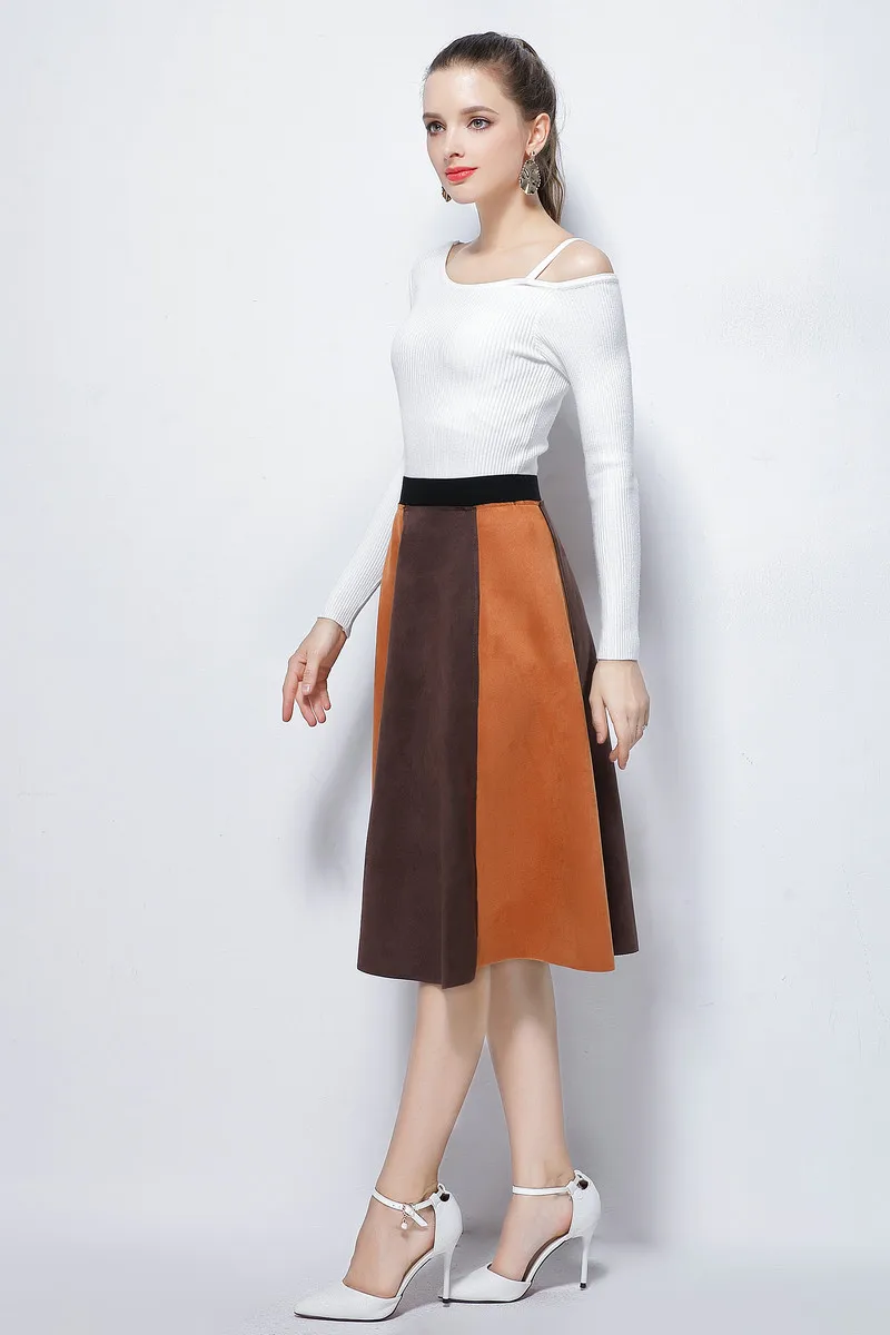 Neophil зимняя женская замшевая юбка средней длины размера плюс 4XL с высокой талией винтажный Стиль Лоскутная Женская Расклешенная юбка-трапеция Saia S1115