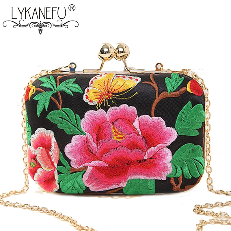 

LYKANEFU Embroidery Flower Women Bag Evening Party Bags National Day Clutches Chain Shoulder Hand Bags Ladies Box Clutch Purse
