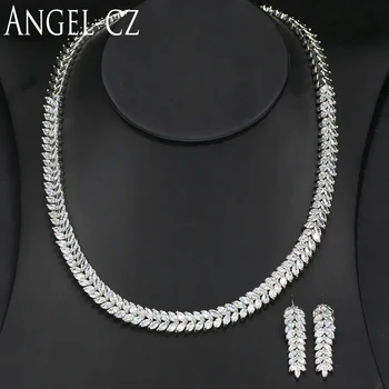 

ANGELCZ Luxury Wedding Costume Jewelry Set For Bridal Cubic Zirconia Silver Color Choker Necklace And Drop Earrings Sets AJ080