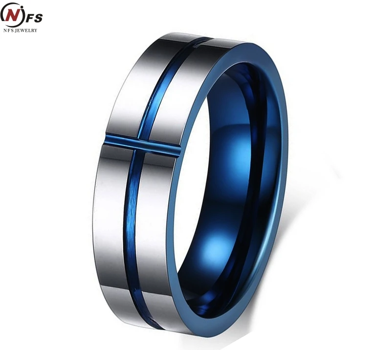 NFS Tungsten Steel Groove Cross Blue Finger Rings Thin Blue Line Tungsten Ring Wedding Pure