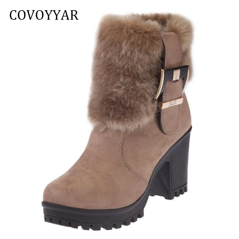 

COVOYYAR 2018 Warm Fur Buckle Ankle Boots Women Thick Heel Platform Women Boots Women Black Winter Shoes Plus Size 40 WBS749