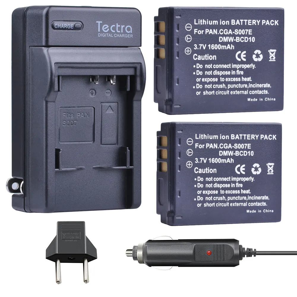 Tectra 1600 мА/ч 2 шт. CGA S007 S007E CGAS007 аккумулятор + Автомобильное зарядное устройство для