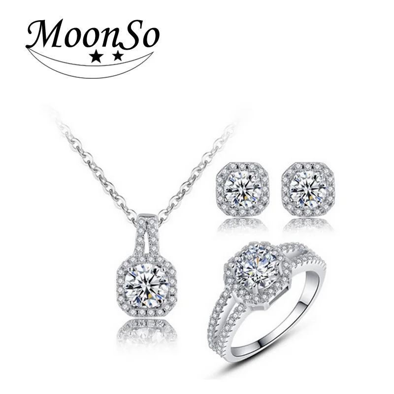 

solid 925 Sterling Silver Jewelry Engagement ring necklace pendant for Wedding Bridal Jewelry for women stud earring J1104
