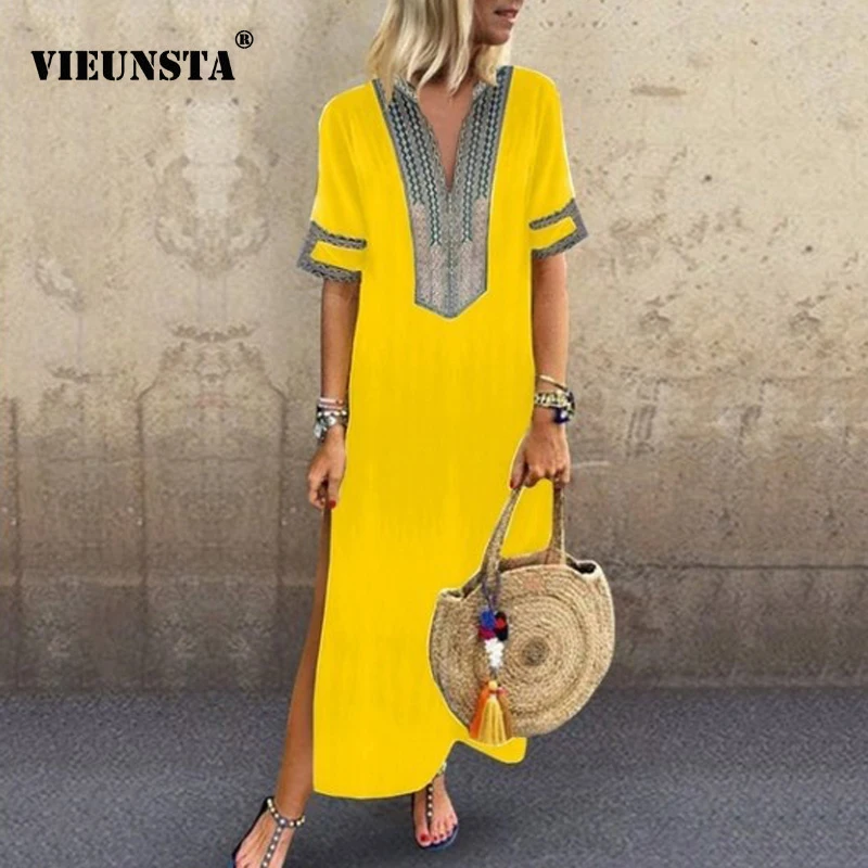 

VIEUNSTA Women Vintage Print Dress 2019 Sexy V-neck Short Sleeve Split Maxi Dress Plus Size Casual Summer Beach Long Dress Femme