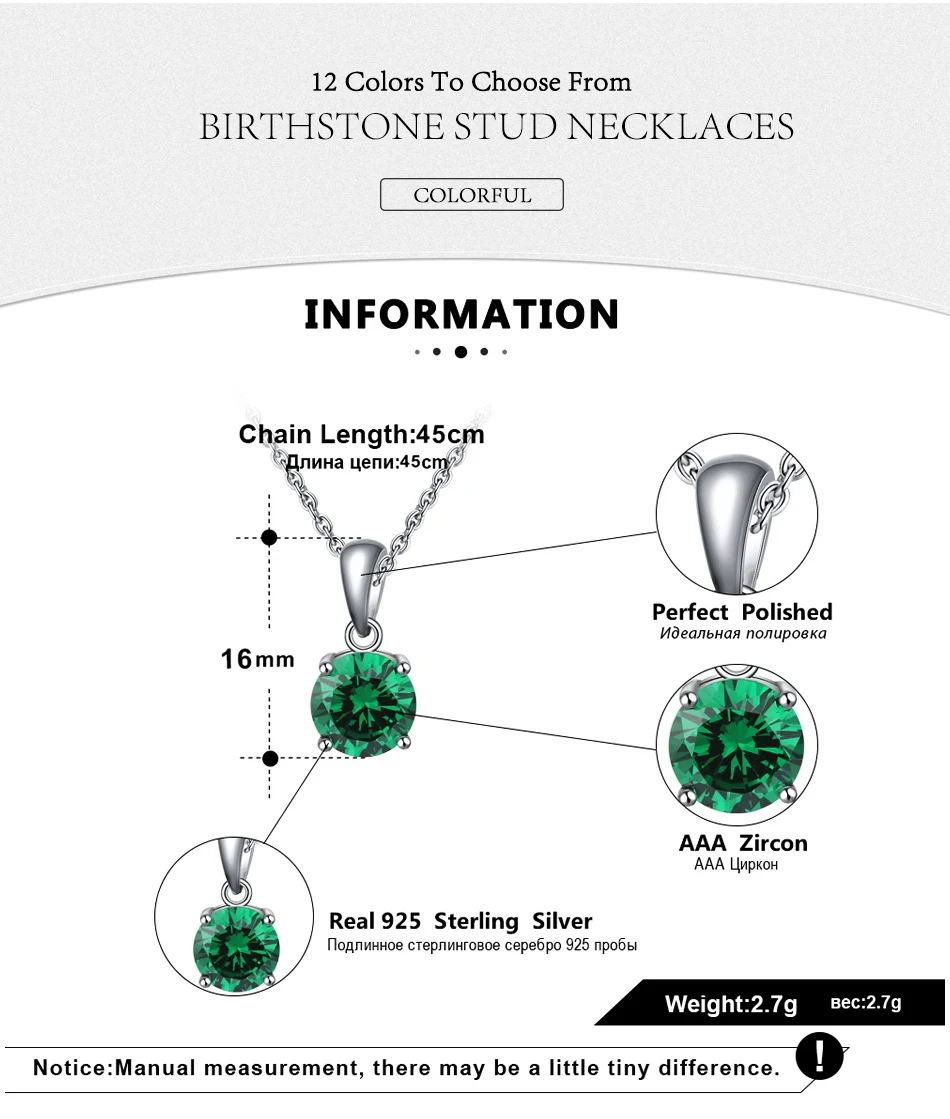 Effie queen, настоящее 925 пробы, серебряное ожерелье с кулоном, счастливый камень по месяцу рождения, разноцветные циркониевые серьги-гвоздики, Женские Ювелирные изделия BN118