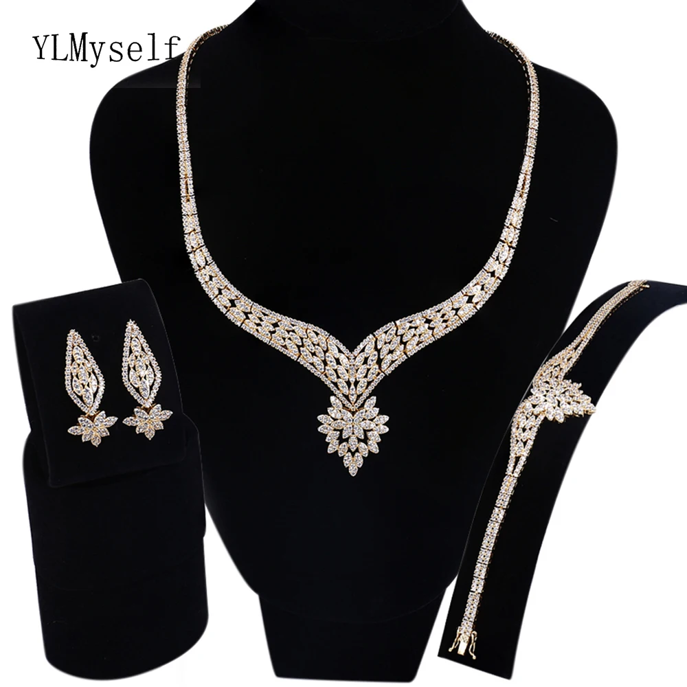 Luxury big party jewellery sets Gold color cz crystal Necklace+Bracelet
