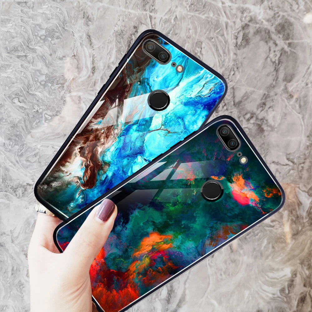 Marble Case For Huawei Honor 9 Lite Tempered Glass Phone P20 Enjoy 7S P Smart Cover |