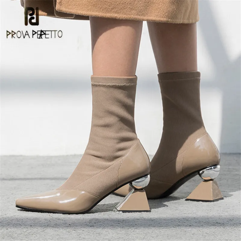 

Prova Perfetto Ankle Boots for Women Pointed Toe Elastic Sock Boots Ladies 7CM Strange High Heels Ladies Shoes Botas Mujer