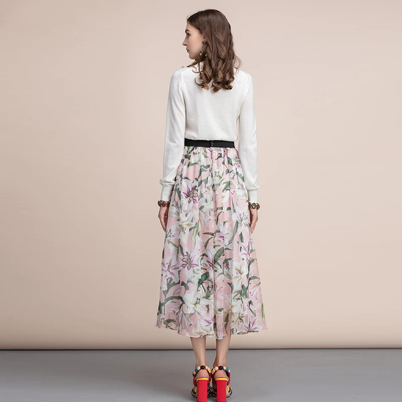 LD Linda della для отдыха, модный стильный летний Миди-юбки Для женщин с эластичной резинкой на талии элегантные лилии Цветочный принт Повседневное юбка трапециевидной формы