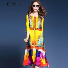Западное модное платье с цветочным принтом, женское Брендовое платье с коротким рукавом, vestidos mujer, Элегантное Шелковое платье на лето и весну, желтое M-3XL