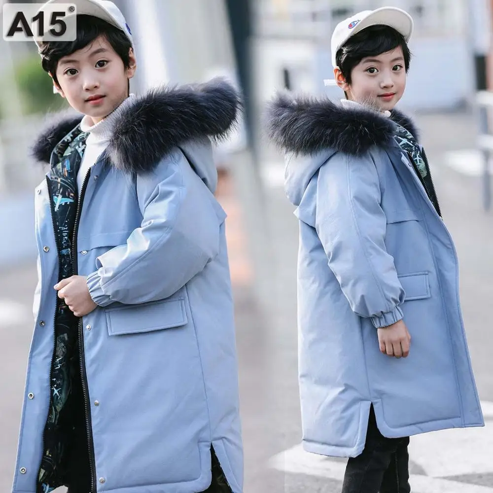 A15/ г. Зимнее пальто для больших мальчиков детские зимние куртки для подростков детские пальто пуховик для мальчиков, длинная куртка с капюшоном, размер 6, 8, 10, 12, 14 лет - Цвет: K38-9986Blue