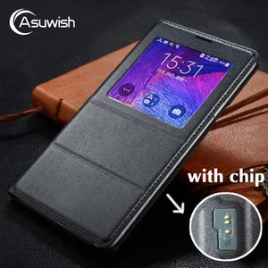 Asuwish Flip Cover Leather Case for Samsung Galaxy Note 4 Note4 N910 N910F N910H Phone Case Cover Smart View with Original Chip