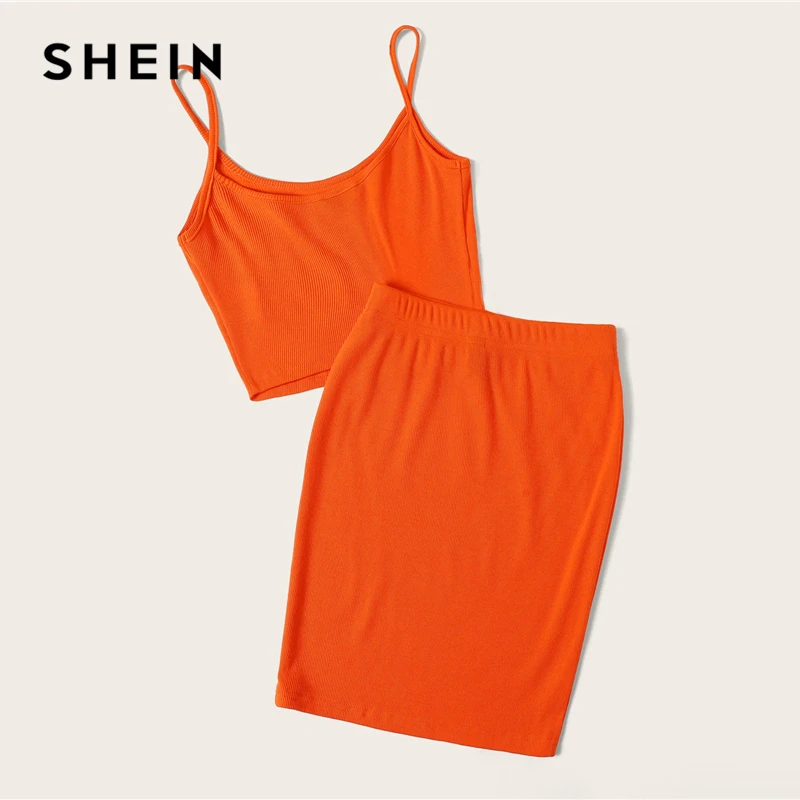 SHEIN النيون البرتقال ضلع متماسكة المحاصيل كامي أعلى و نحيل تنورة مجموعة مثير الصلبة أكمام 2 قطعة مجموعة السباغيتي حزام المرأة مجموعة SHEIN النيون البرتقال ضلع متماسكة المحاصيل كامي أعلى و نحيل تنورة مجموعة مثير الصلبة أكمام 2 قطعة مجموعة السباغيتي حزام المرأة مجموعة