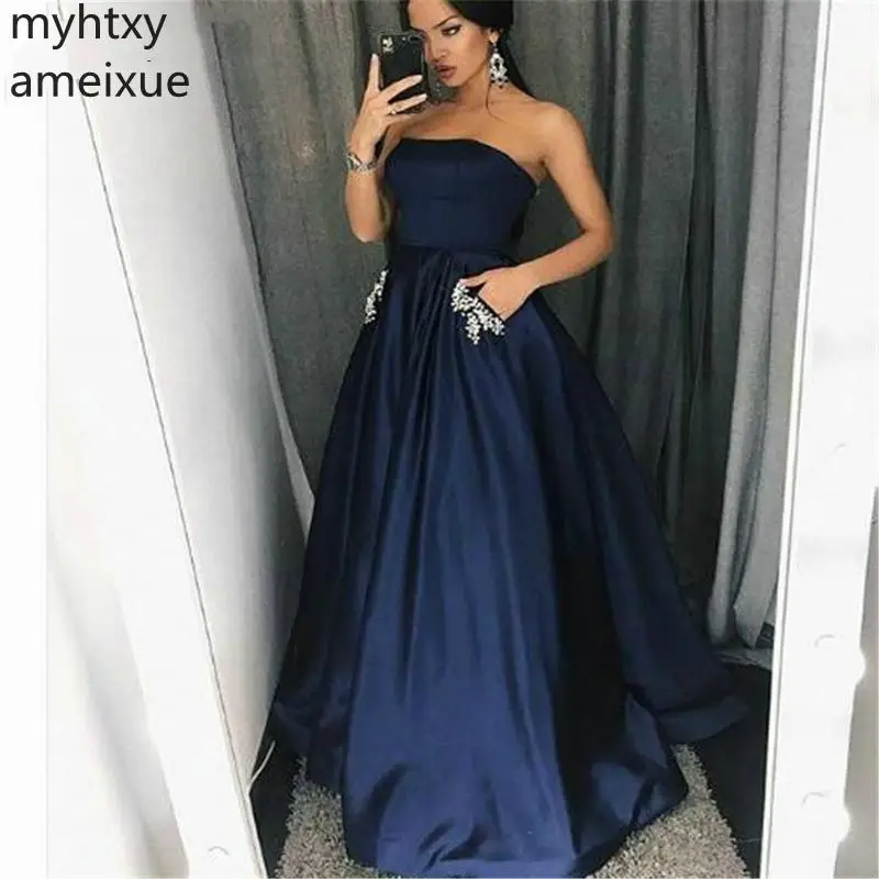 Elegant Formal Blue Evening Dress 2021 2 Navy Satin Strapless Pockets A Line Long Prom Gowns Custom Made Robe De Soiree | Свадьбы и