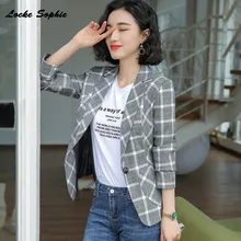 1pcs Women's Plus size Slim fit Blazers coats 2019 Autumn cotton blend plaid Small Suits jackets ladies Skinny Blazers Suits