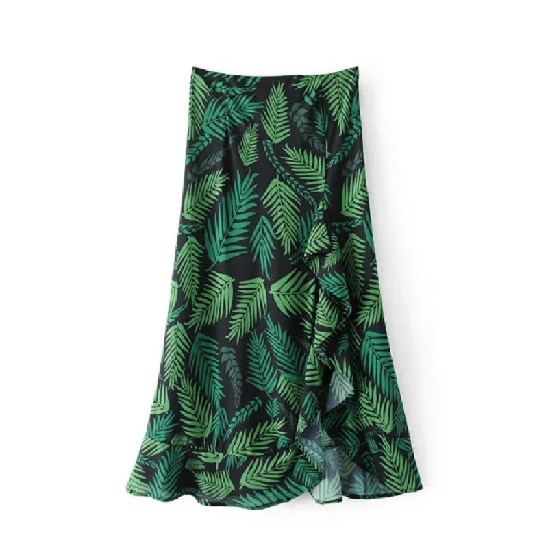 

Vintage Rainforest Leaves Print Asymmetrical Skirts Women Ruffles Ankle-Length Skirt High Waist Casual Female Outwear Buttoms