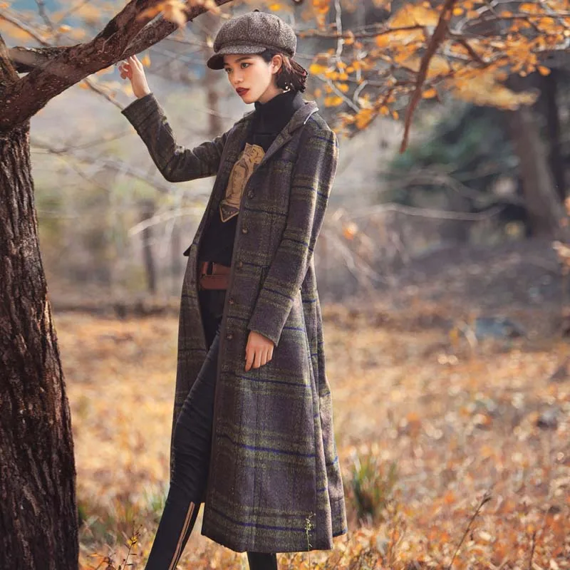 

Aporia.As Autumn Winter Vintage&Retro Elegant British Style Plaid Mandarin Collar Single Breasted Slim Long Woolen Coats Jacket