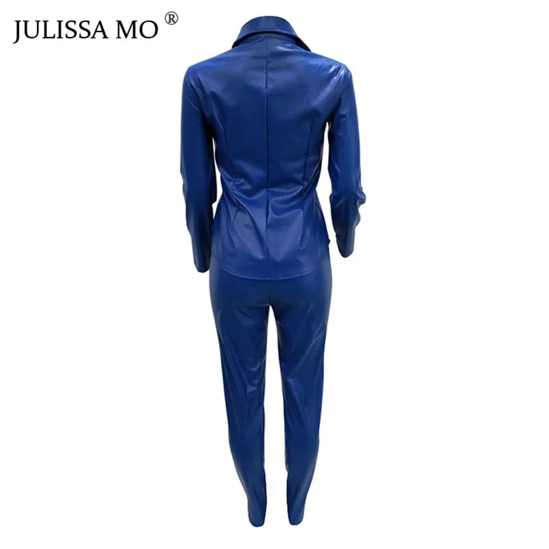 JULISSA MO 2 Piece Set PU Leather Tracksuit Women Overalls Long Sleeve T-Shirt+High Waist Pants Casual Button Jumpsuit Outfits JULISSA MO 2 Piece Set PU Leather Tracksuit Women Overalls Long Sleeve T-Shirt+High Waist Pants Casual Button Jumpsuit Outfits