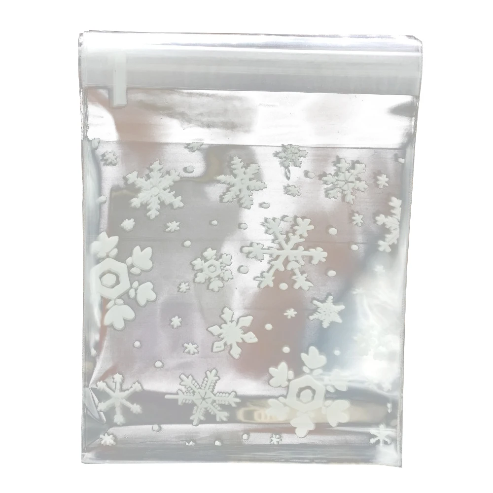 50 Clear Snowflake Cookie Bag, Plastic Cellophane Adhesive Sealant
