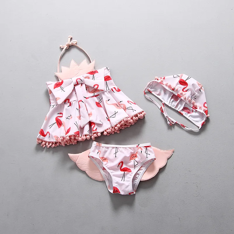 

Girls Swimsuits Flamingo Print with Angel Swing Two Pieces Bathing Suit Infant Baby Swimwear for Newborns Pink Bow Girl Swimsuit
