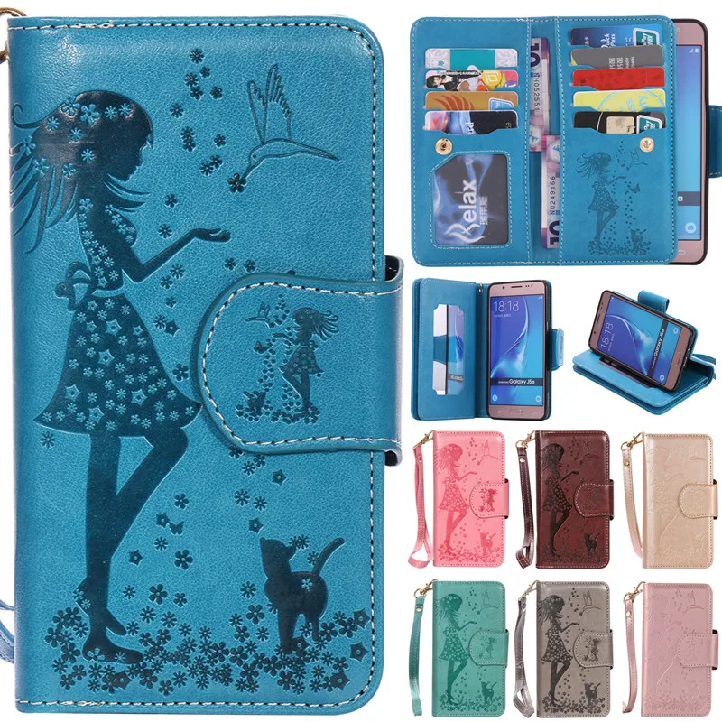 

Luxury Cute Cartoon 9 Cards with Mirror Girl and Cat Flip Leather Fundas Case For Samsung Galaxy J3 J5 2016 J310 J510 Back Cover