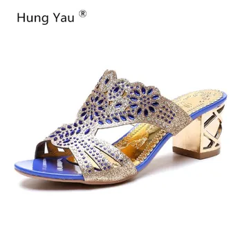 

Women Sandals Rhinestone High Heel Sandal Fretwork Beading Roman Peep Toe Summer Style Pumps Crystal Slippers Plus Size 35-41