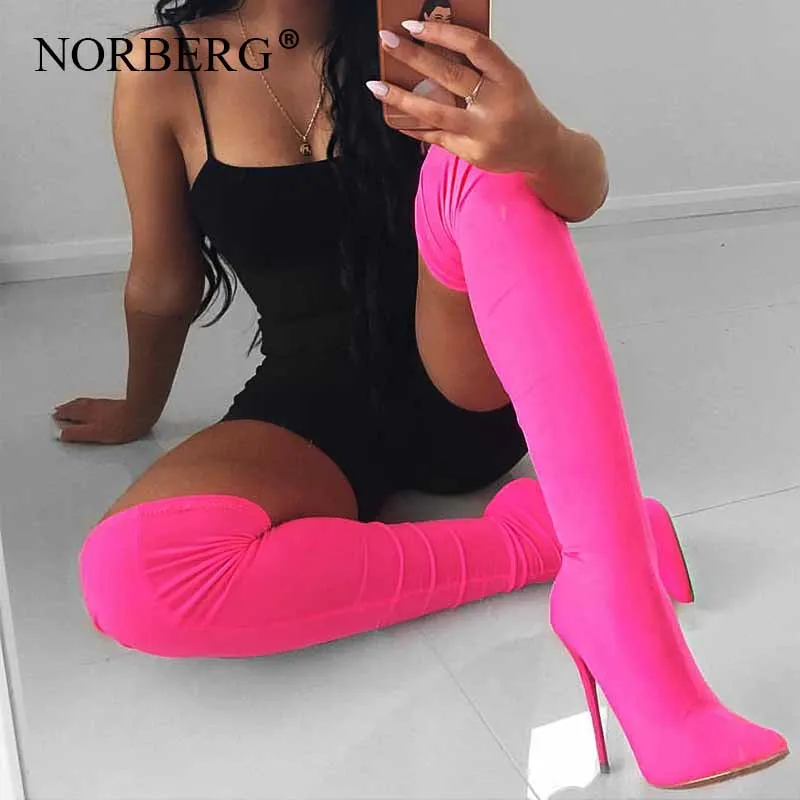 

2019 Fashion Color Stretchy Lycra Boots Pointy Toe Over-the-Knee Heel Thigh High Pointed Toe Women Boots rose Redwinter boots