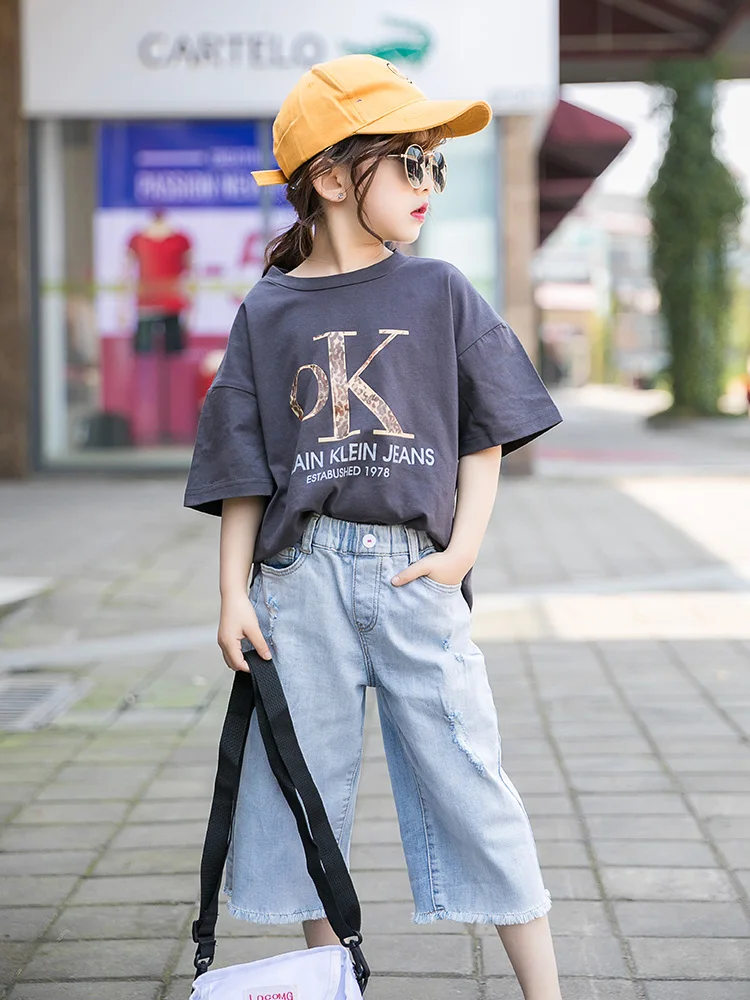 

2019 Baby Girl Tracksuit Kids Clothes Set Cotton Casual Shirt + Ripped Jeans 2pcs Back To School Outfit Children Clothes 8 10 12