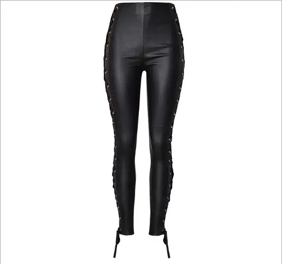 

Womens Elastic Faux Leather Pants Double Sides Straps Pu Leather Pants High Waist Black Sexy Lace-Up Skinny Slim Trousers D63