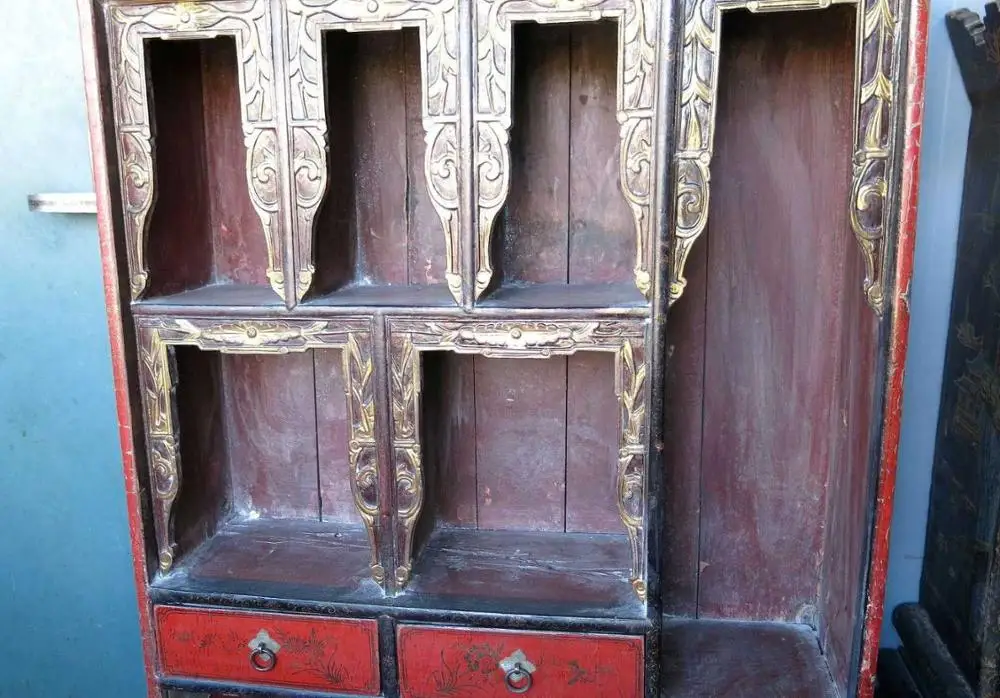 

28" China old handwork lacquerware wood picture display cabinet statue