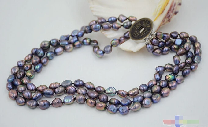 

HOT## Wholesale FREE SHIPPING >>> P4783 3row 10mm peacock black baroque freshwater cultured pearl necklace