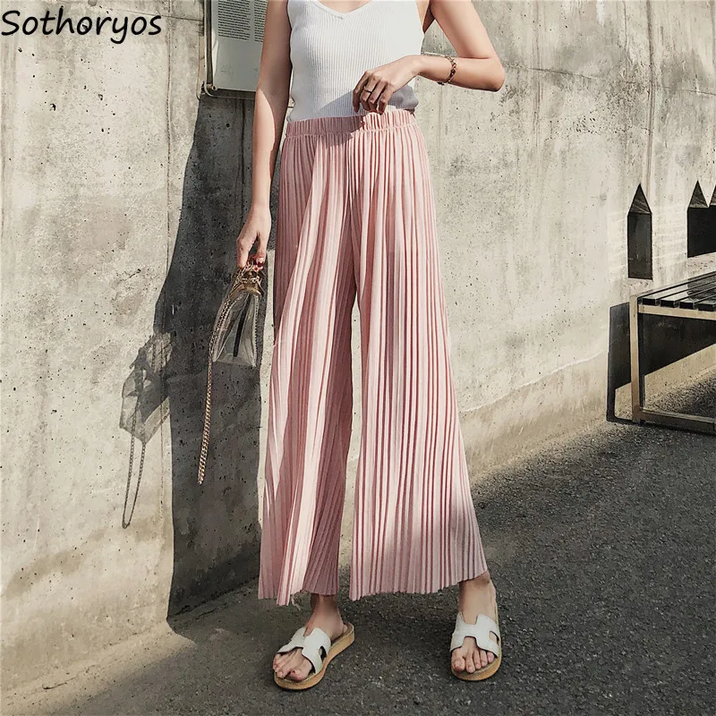 Pants Women Ankle-length Solid Simple All-match Soft High Waist Leisure Wide Leg Pant Womens Korean Style Breathable Trousers