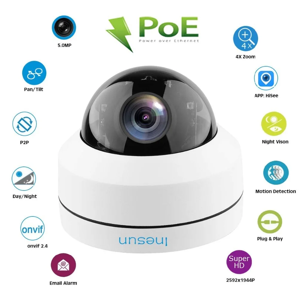 Inesun Открытый POE PTZ IP камера безопасности 5MP супер HD 2592x1944p 4X оптический зум IP66