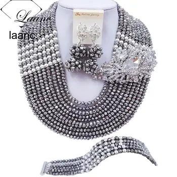 

Laanc Latest 10 Rows Silver Plated Crystal Statement Necklace Wedding Jewelry Sets African Beads Nigerian Beads C22P026