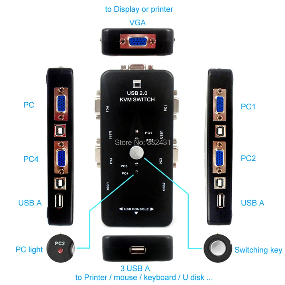 4 Порты и разъёмы USB 2,0 kvm-переключатель коробка адаптер для подключения принтера монитор Применение 1 компл. клавиатура Мышь Управление 4 компьютеры с кабель