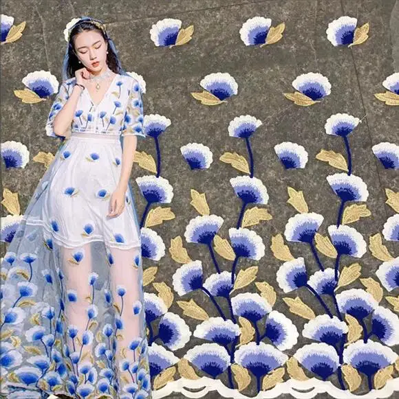 

3 color mesh fan blade embroidered Polyester embroidery lace fabric / Plant flower wedding dress costume DIY patches fabric A032