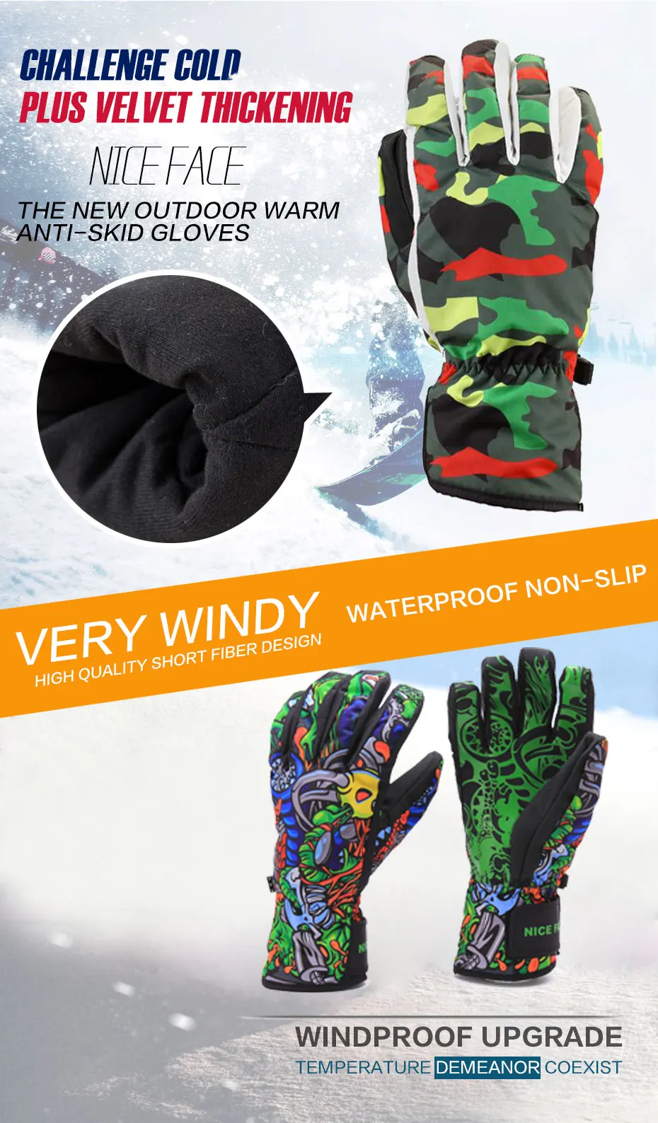 Новые женские и мужские лыжные перчатки для сноуборда, снегохода, езды на мотоцикле, горные детские зимние перчатки, ветрозащитные водонепроницаемые унисекс