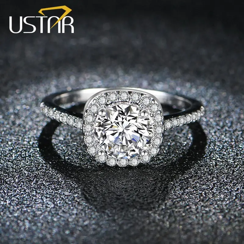 

USTAR 7mm AAA Cubic Zirconia wedding Rings for women Silver color Crystals engagement rings female Anel Bague femme jewelry gift