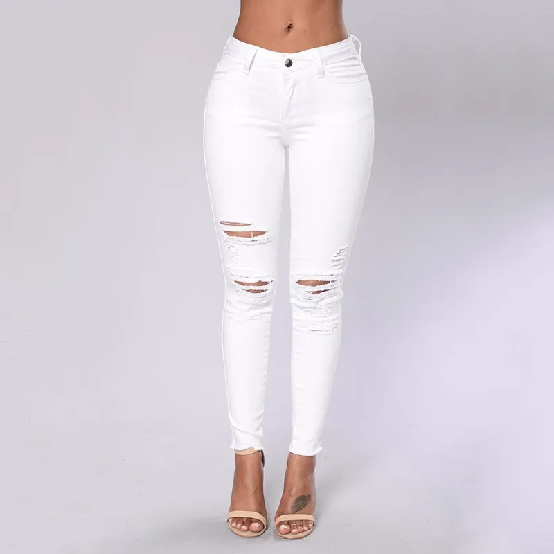 Sexy big holes ripped jeans tassels skinny high waisted pencil pants ...