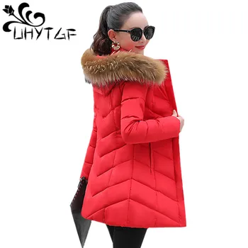 

UHYTGF Plus size Overcoat Winter Jacket Women Warm Thick Big fur collar Long With Hood Outerwear For Women Coat Female Parka 85