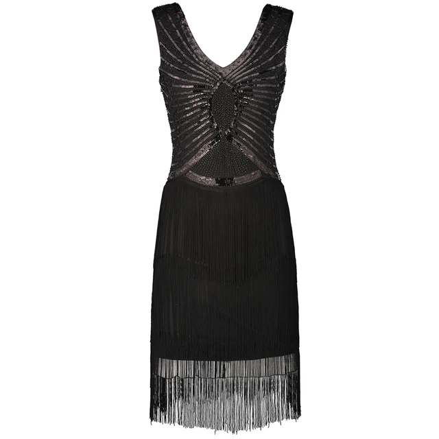 Women Little Black Dress V Neck Back Sleeveless 1920s Style Inspired Charleston Sequin Layer Tassel Women Little Black Dress V Neck Back Sleeveless 1920s Style Inspired Charleston Sequin Layer Tassel