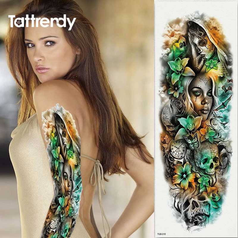 

2018 new full arm tattoo stickers large flower shoulder fake tattoos sleeve body paint death skull rose Witch clock Black Fire