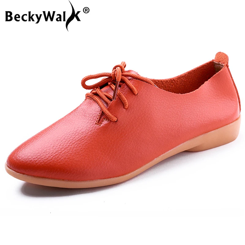 Mejores Ofertas BeckyWalk-Zapatos planos de talla grande para Mujer, calzado informal de piel auténtica con cordones, 42/43/44 WSH2674 x1KN0a1O