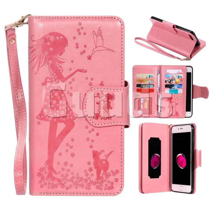Embossing Cat Girl 9 Card Leather Wallet Case for iPhone 8 Plus / 7 Plus 7P(5.5 inch) - Pink