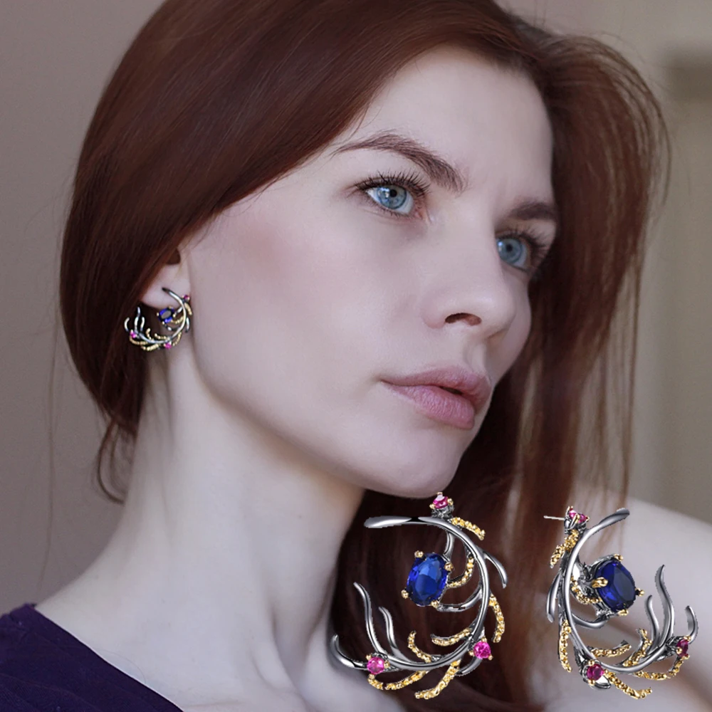 Charming Beautiful leaf earring Blue Rose color stones crystal CZ Black Gun Plated Jewelry & Accessories Bohemia big earrings