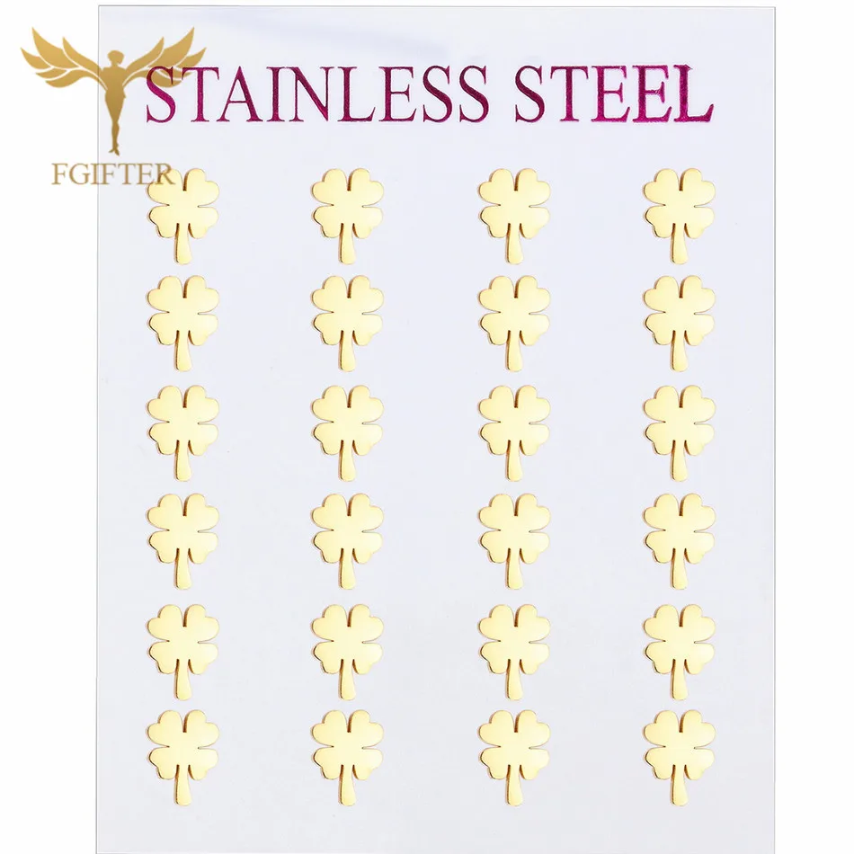 

FGifter Wholesale Stainless Steel Earrings 12 pairs Good Luck Clover Earrings for Women Girls Golden Korea Jewelry