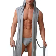 Мужские повседневные пижамы, сексуальное ночное белье без рукавов, Халат с капюшоном, мужские халаты, удобный сексуальный домашний халат с нижним бельем